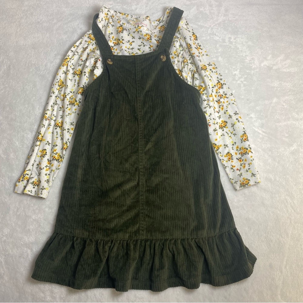 Lucky Penny Green Corduroy Pinafore Dress with Floral Top Size 6x